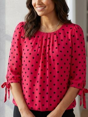 Sara Michelle Women's Petite Red Black Polka Dot Blouse PL 3/4 Tie Sleeve
